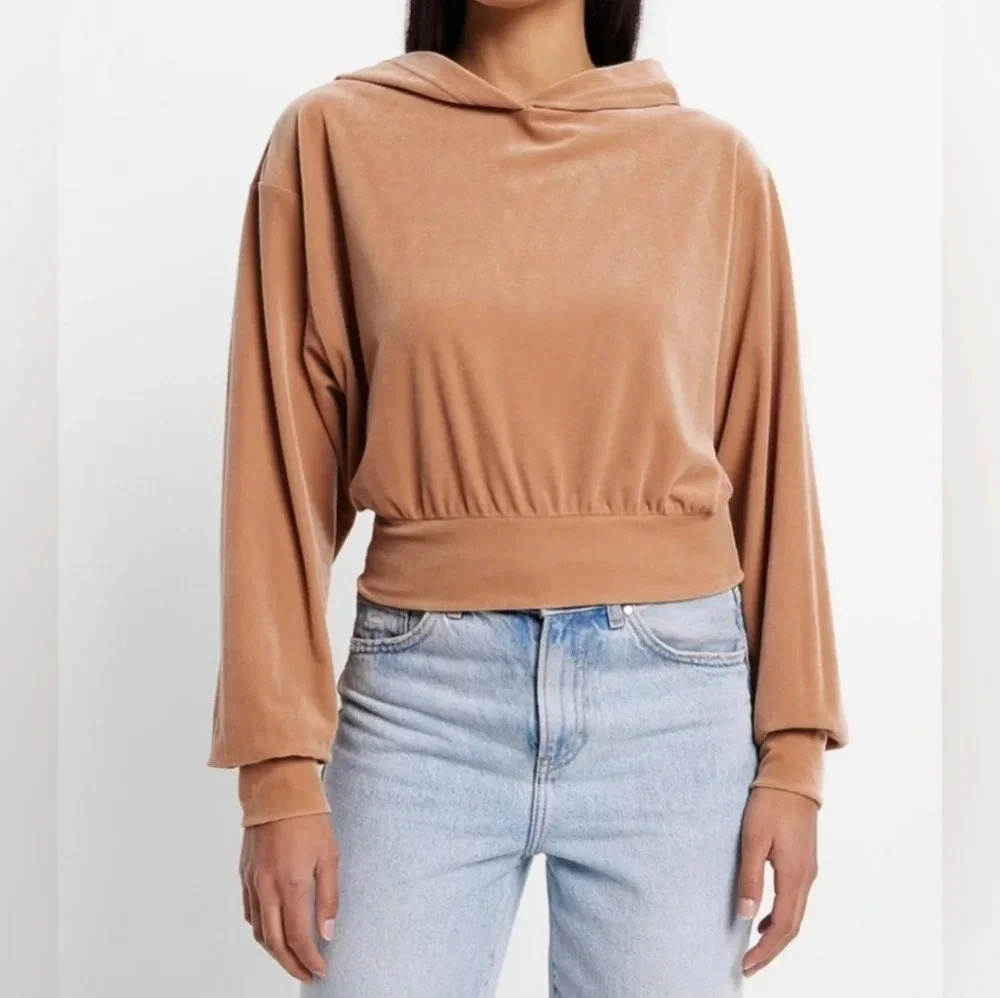 Express Velvet Velour Long Sleeve Cropped Hoodie Women’s Size M Butterscotch EUC